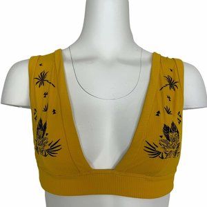 Hurley Quick Dry Embroidered Banded Bikini Top S Yellow Ochre Floral Ribbed